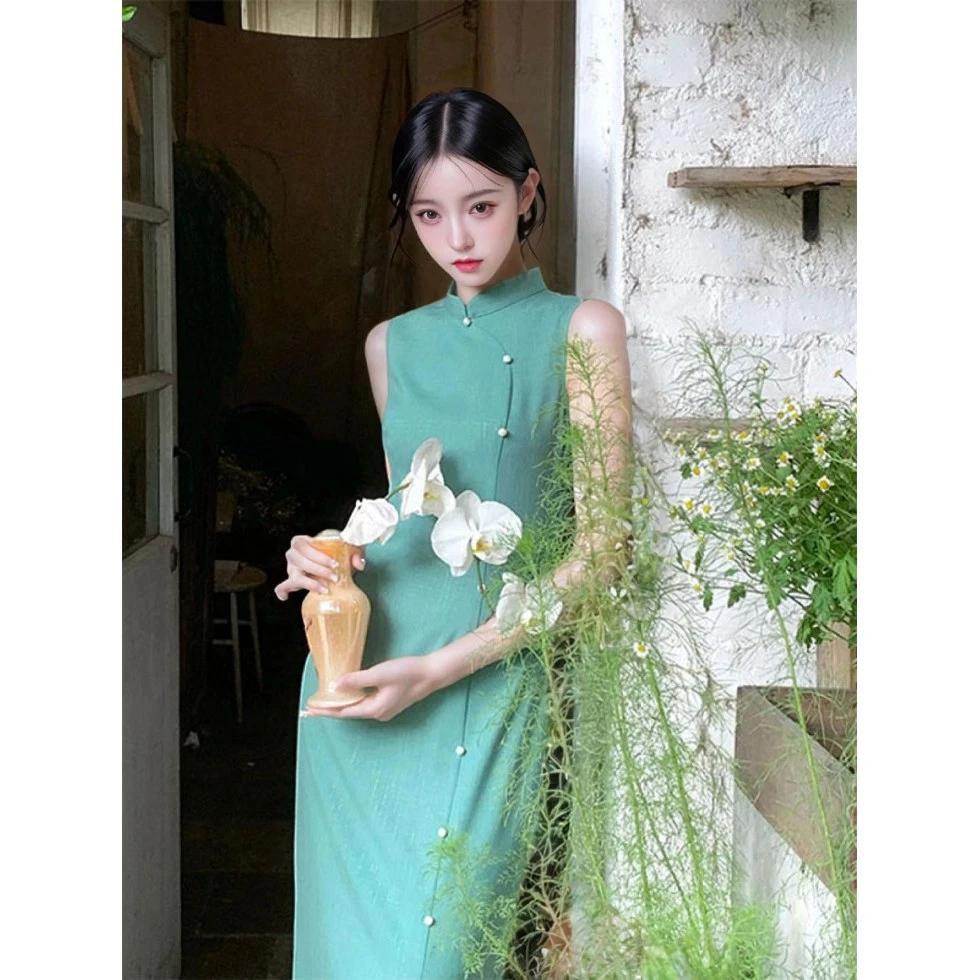 绝美新中式改良绿色气质新款纯色收腰长款无袖连衣裙经典中式旗袍
