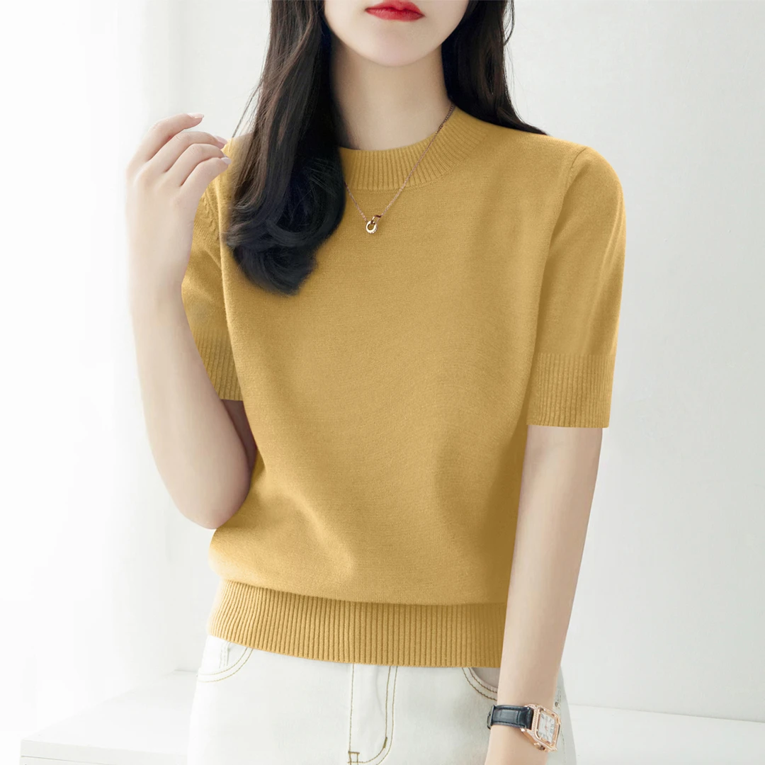 新款宽松简约显瘦针织衫秋季时尚五分袖气质圆领内搭打底上衣女装