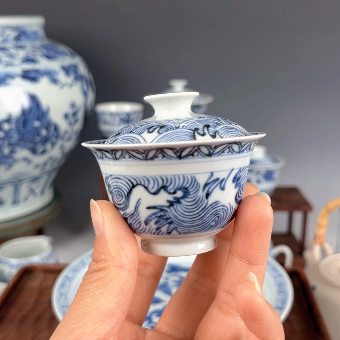 青花海水纹两才盖碗