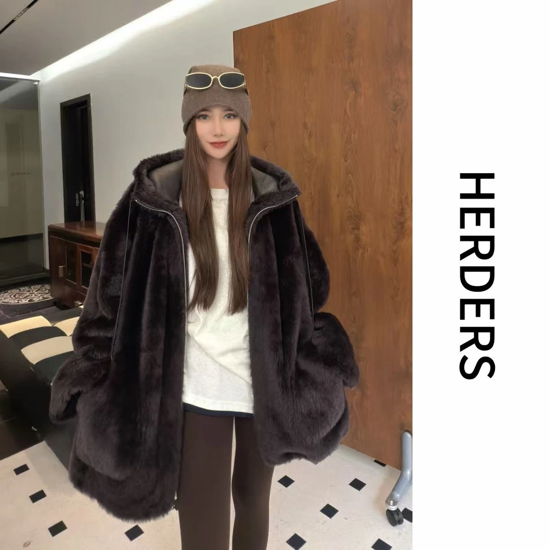 HERDERS “高奢拉贡系列”（两面穿）短款连帽款皮毛一体外套 52290