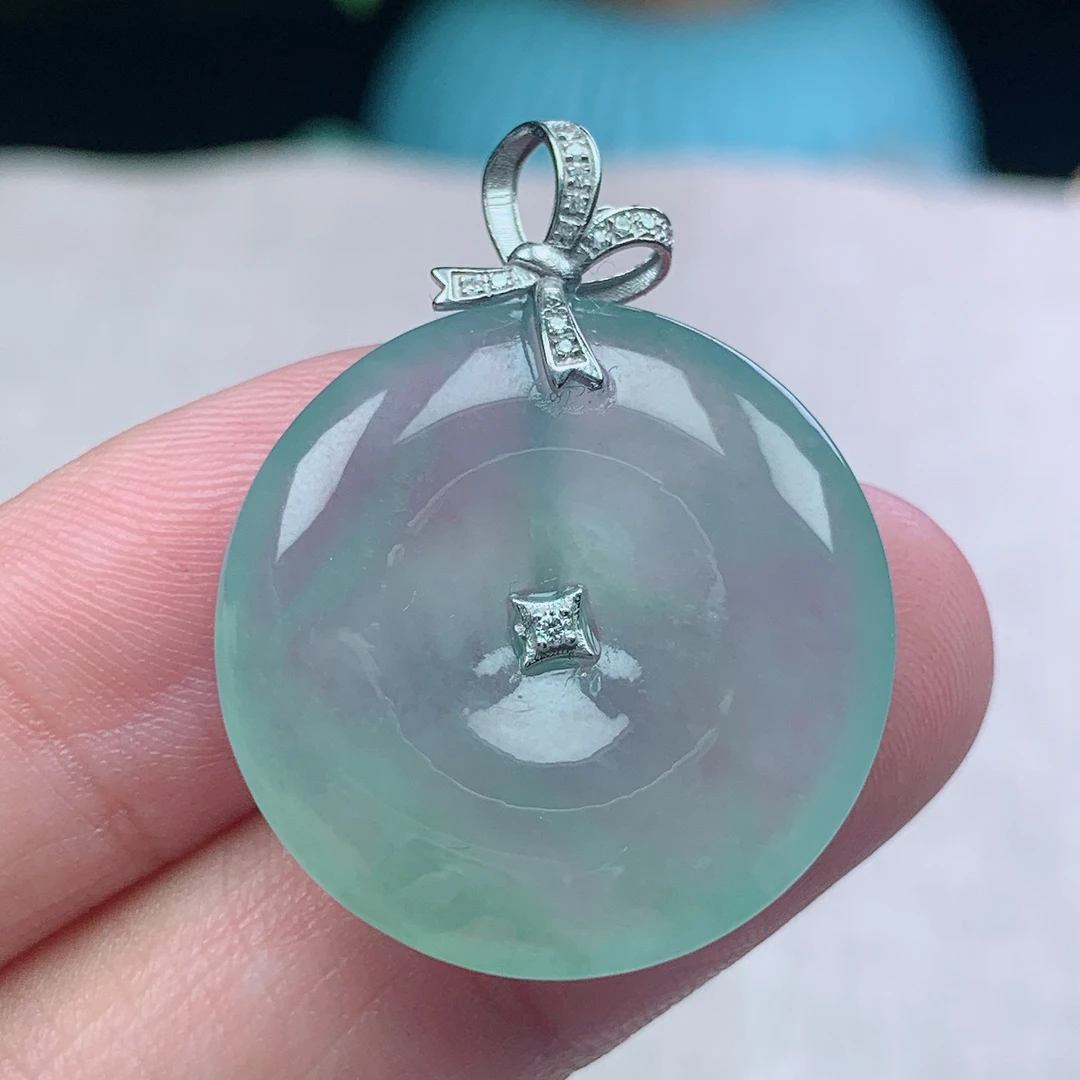 b缅甸天然翡翠A货25.2-5.3玉石18k金镶嵌老坑冰种晴水平安扣吊坠