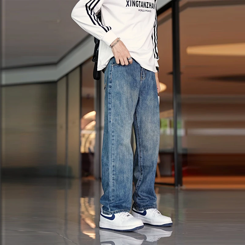 Jeanswest/真维斯2025男士牛仔裤春秋季美式宽松直筒复古阔腿裤子