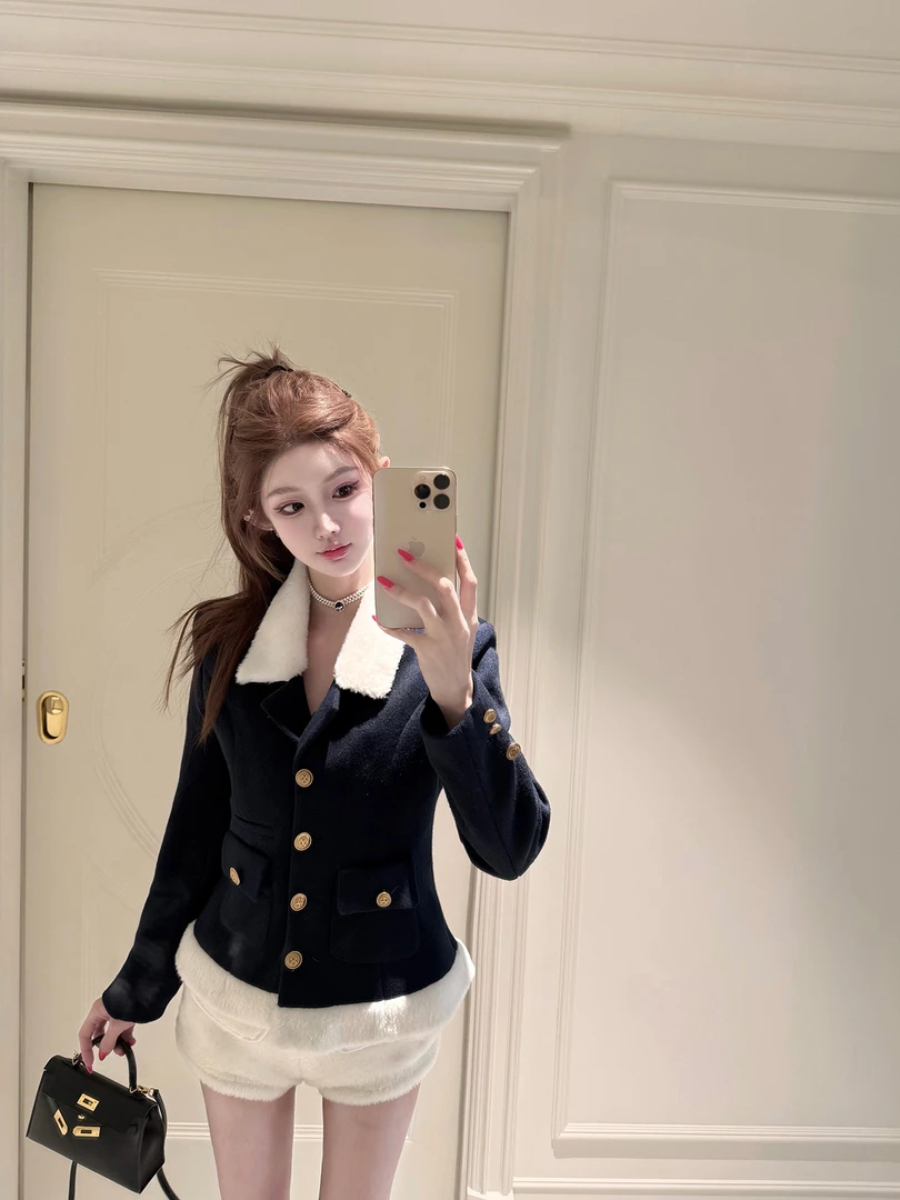 谢德林日记 小香风气质撞色翻领短款加厚毛呢外套百搭毛绒短裤女