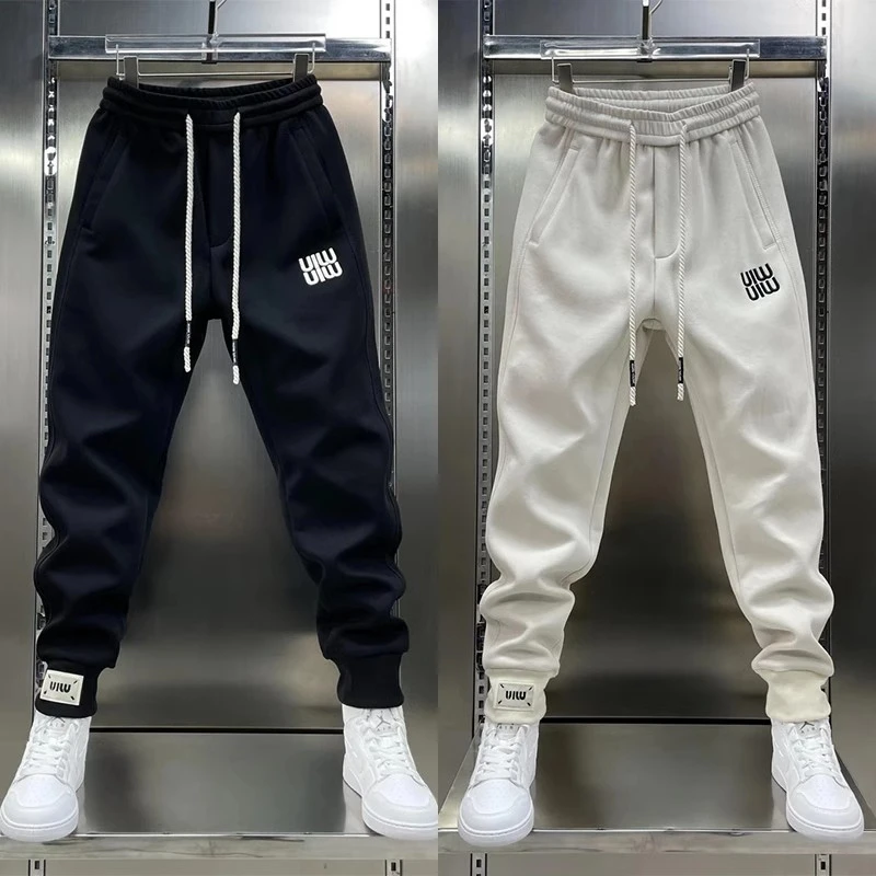 潮流男士加绒纯色运动卫裤简约刺绣束脚哈伦裤弹力松紧腰小脚裤子