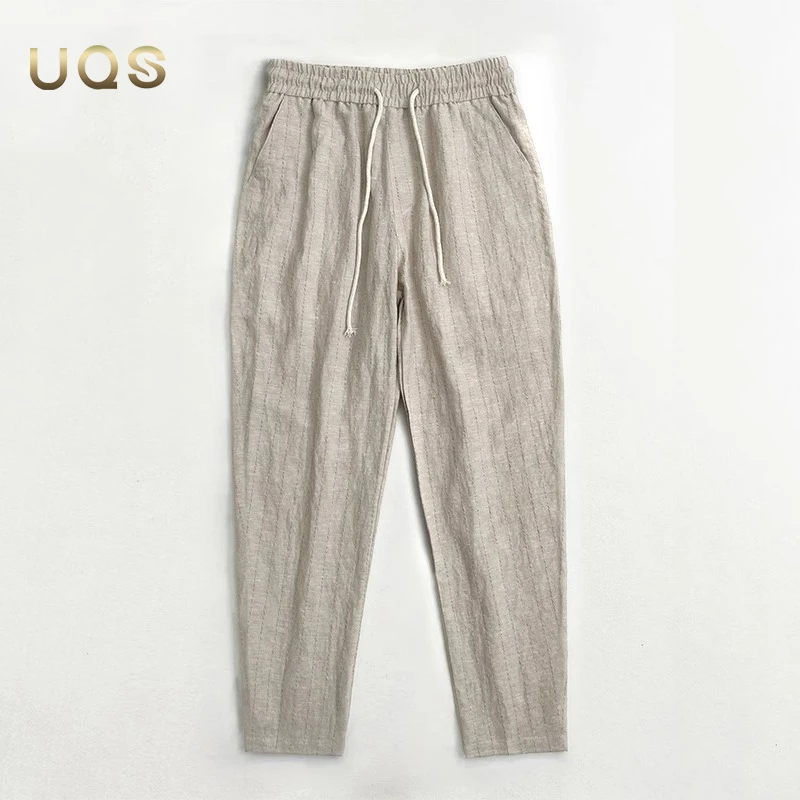 高端棉麻男士夏季薄款亲肤舒适休闲简约条纹小脚裤日常通勤百搭款