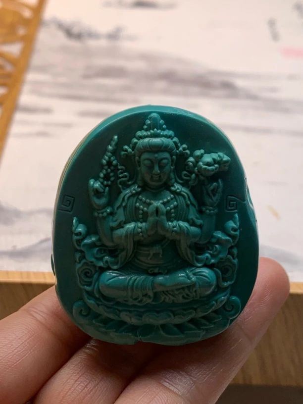 原矿玉化果冻料绿松石御龙观音牌子