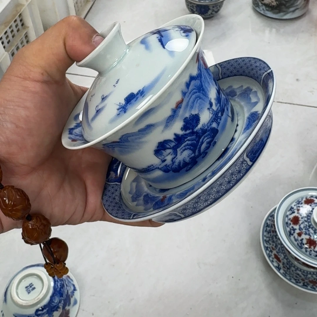 摆件富川山居图三才盖碗