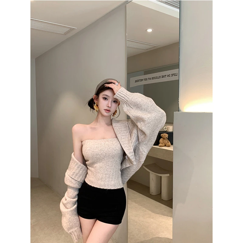 翻领披肩毛衣外套抹胸慵懒风针织衫宽松复古内搭抹胸上衣短裤套装