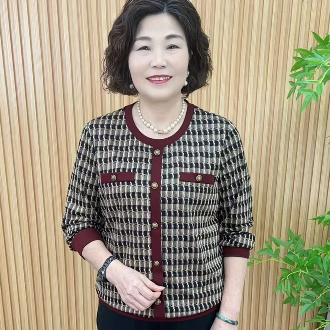 时尚长袖纽扣厚款圆领中老年女装夏季中老年女装格子V9966