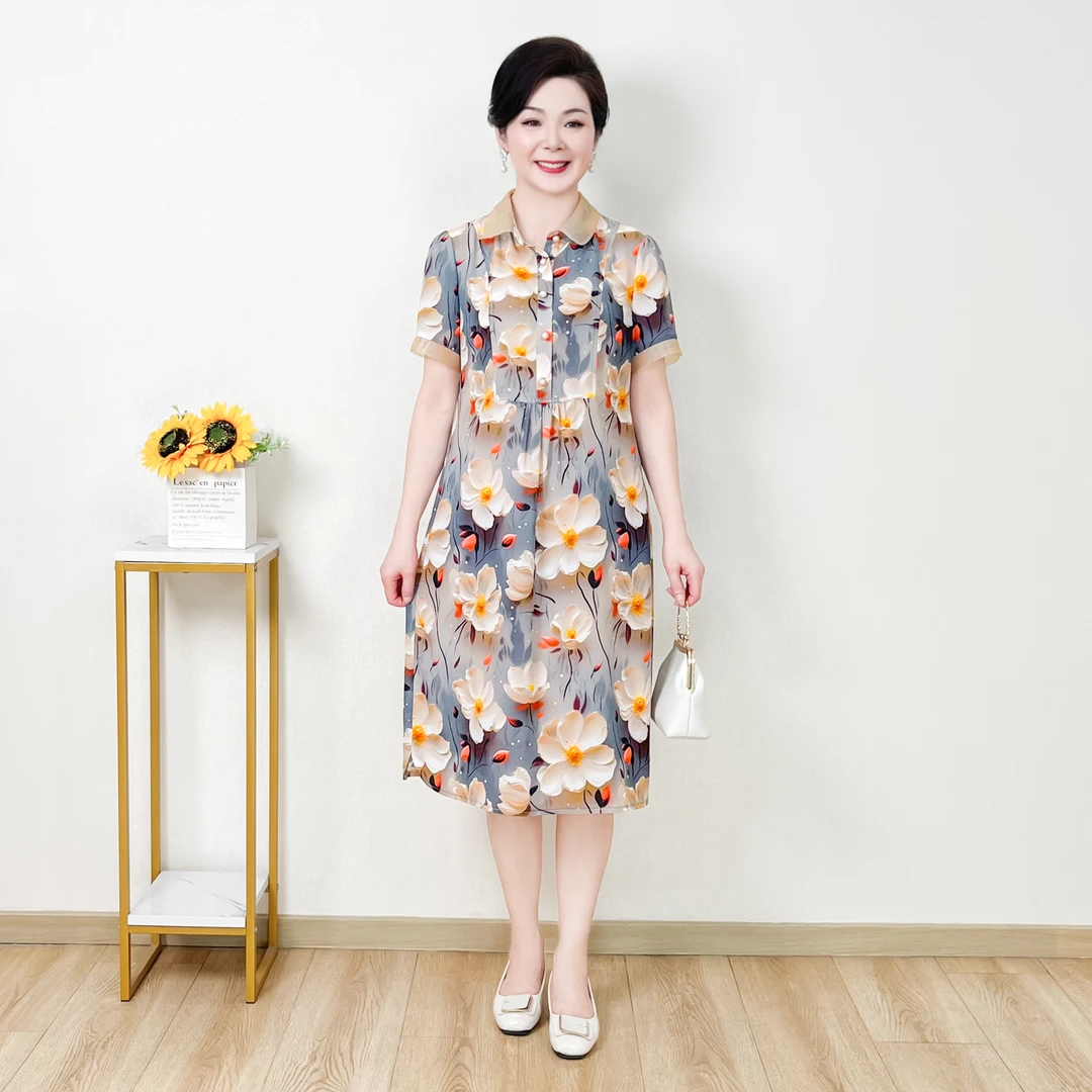 中年妈妈装洋气高贵连衣裙2024夏装新款中老年短袖立体印花裙子