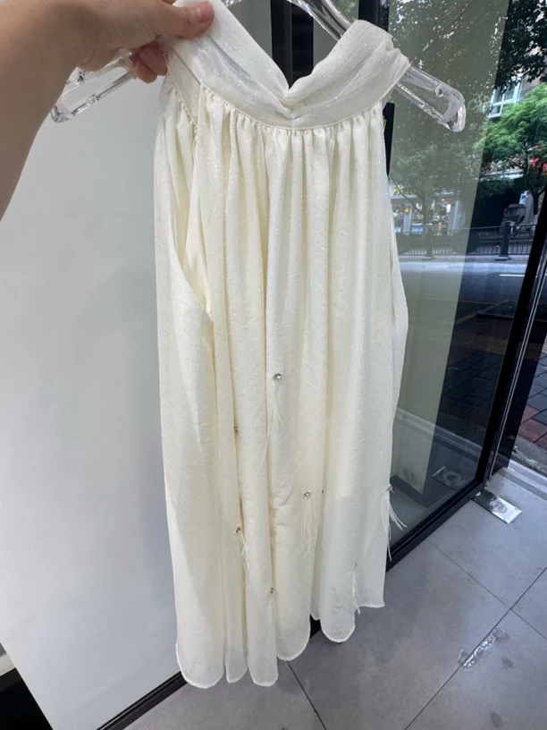 夏季定制款镶钻羽毛挂脖短款无袖连衣裙甜美仙气