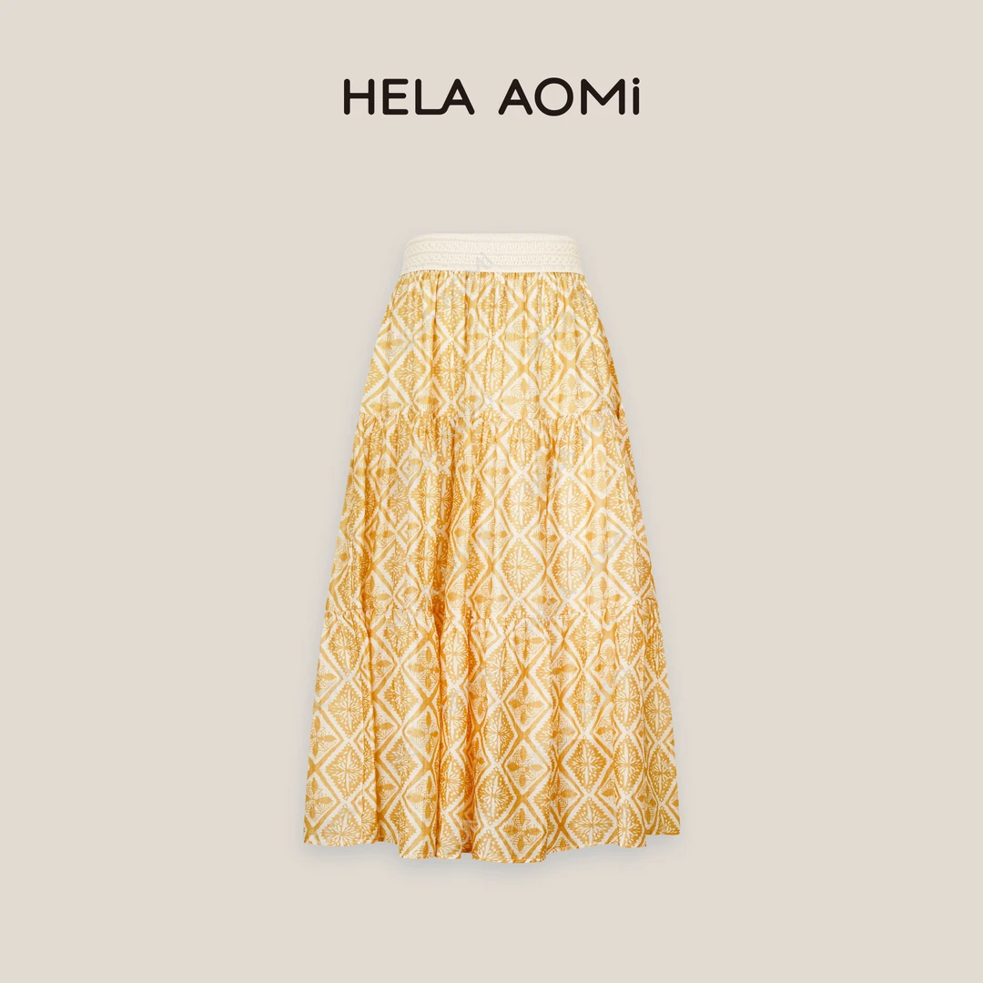 HELAAOMI “夏日絮语”莱赛尔亚麻印花松紧腰半身裙CY5BZ71807