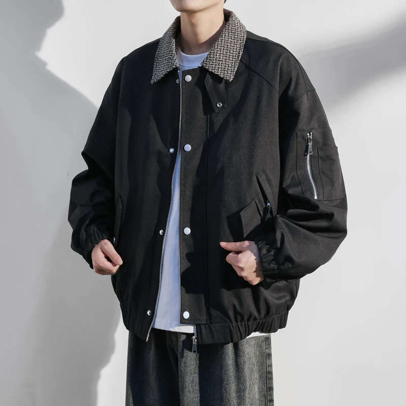 秋冬季男痞帅港风拼色日系百搭宽松舒适大码时尚休闲翻领夹克外套