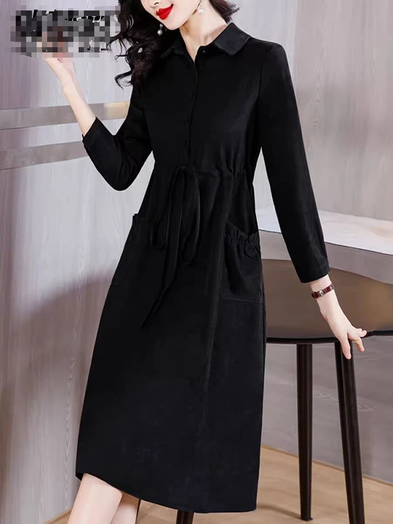 S397【专属】25新款高腰黑色灯芯绒衬衫连连衣裙RS-QJY24AL23158