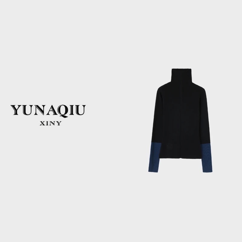YUNAQIU时尚百搭长袖黑白色高领宽松显白套头款式毛衣-6113