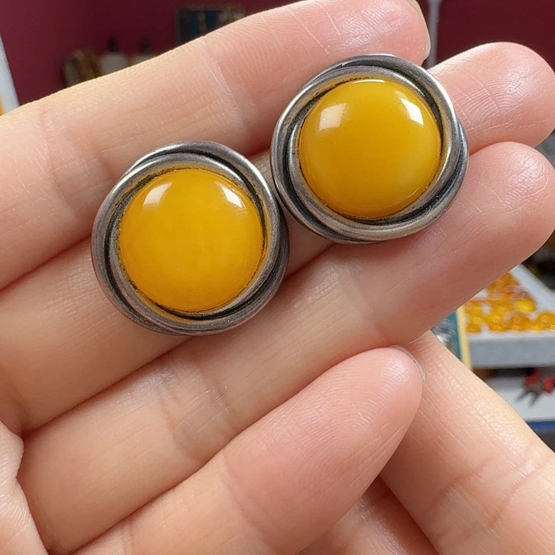 蜜蜡银S925镶嵌耳饰耳钉