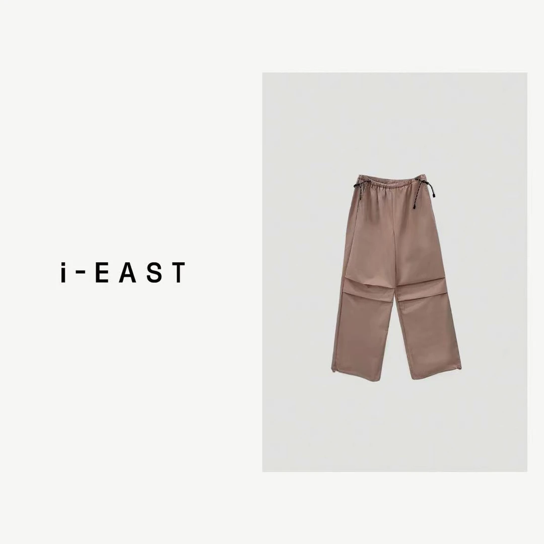 i-EAST 优越工装裤~褶皱设计感松紧腰休闲裤-4Q K1054