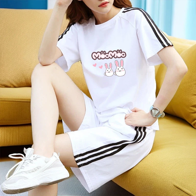 纯棉休闲运动服套装女夏季新款宽松减龄时尚百搭短袖短裤两件套潮
