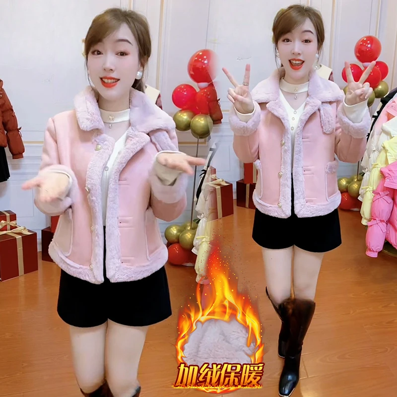 2025年冬季新款精致百搭款加厚保暖设计感皮毛拼接单排扣短外套女