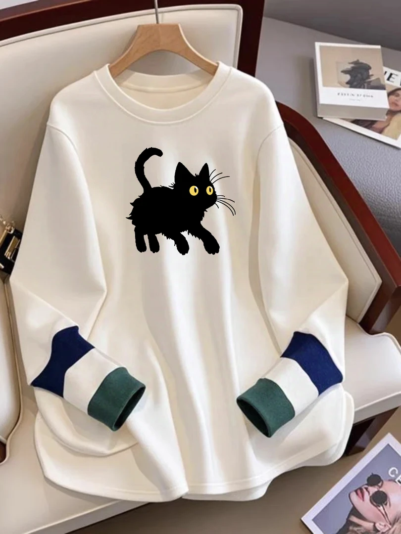 白色拼接长袖t恤女2025秋冬磨毛打底衫中长款设计感宽松内搭上衣