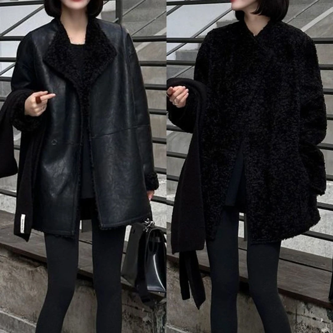 气质时髦双面穿皮毛一体外套秋冬新款设计感中长款夹克