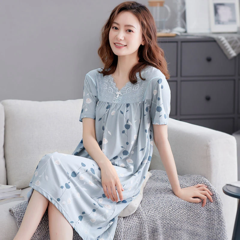 芬腾可安莫代尔睡裙女夏季薄款短袖睡衣长款春秋大码妈妈宽松连衣