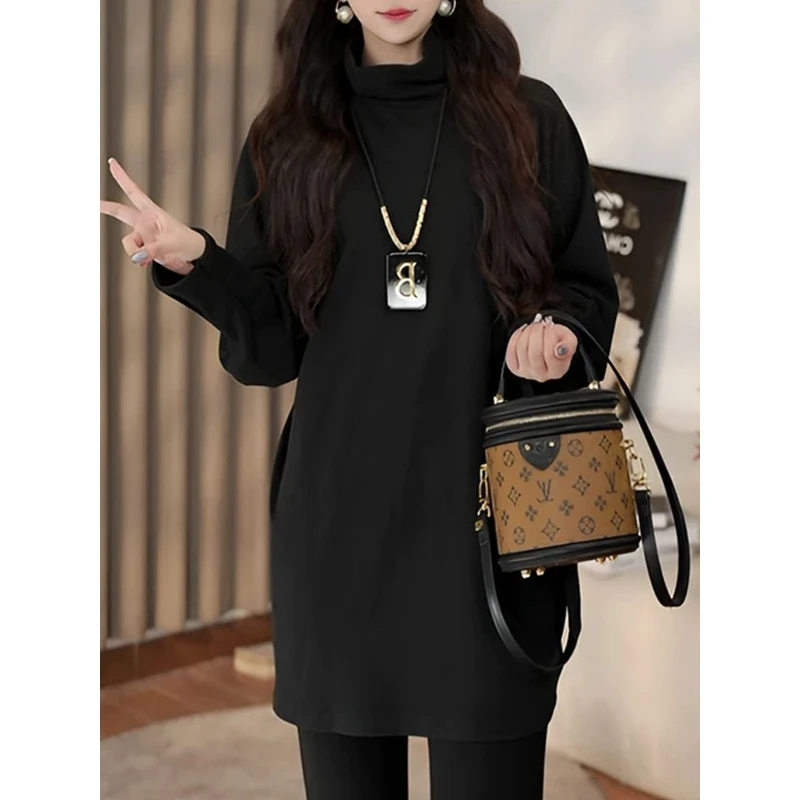 秋冬高领堆堆领双面德绒保暖长袖T恤打底衫女宽松中长款内搭上衣