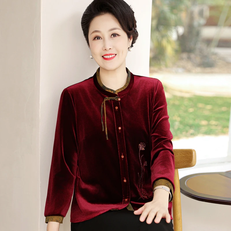妈妈春装金丝绒唐装上衣中老年人女装春秋天宽松国风衬衣奶奶衣服