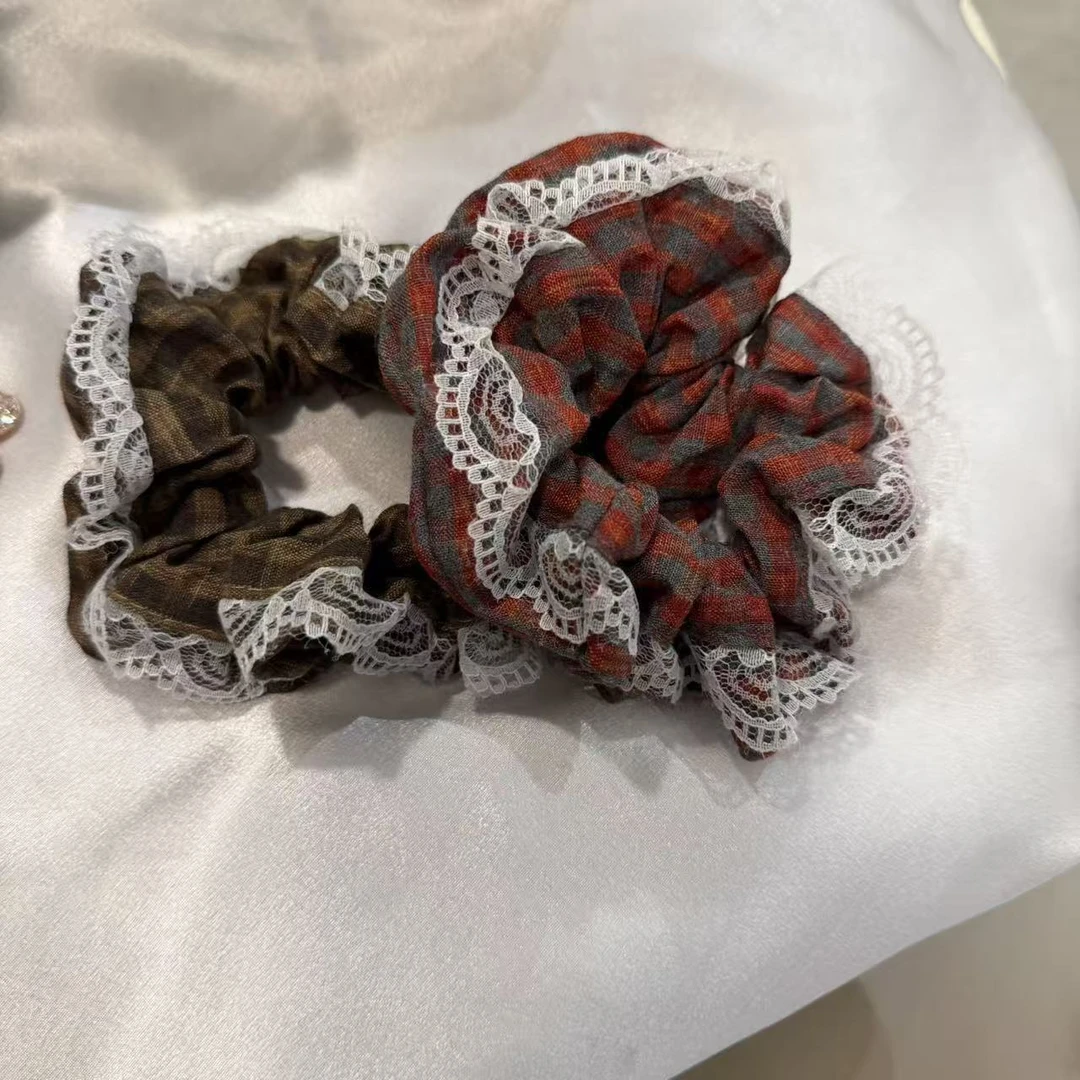 韩国 气质 小众 ins 手工 蕾丝 小格子 发圈K670