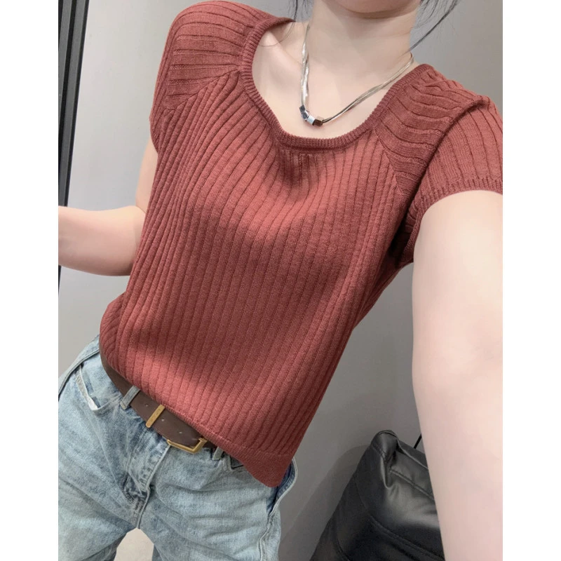 露锁骨方领短袖女冰丝针织衫简约百搭休闲修身显瘦U领上衣夏欧货