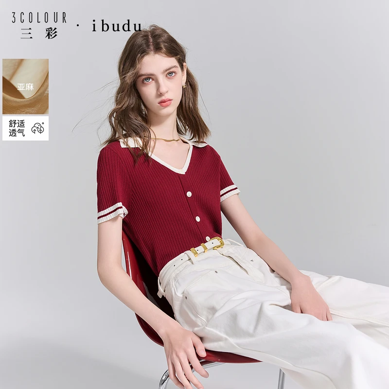 三彩ibudu2025夏季新款假门襟V领针织衫修身短袖套头衫女