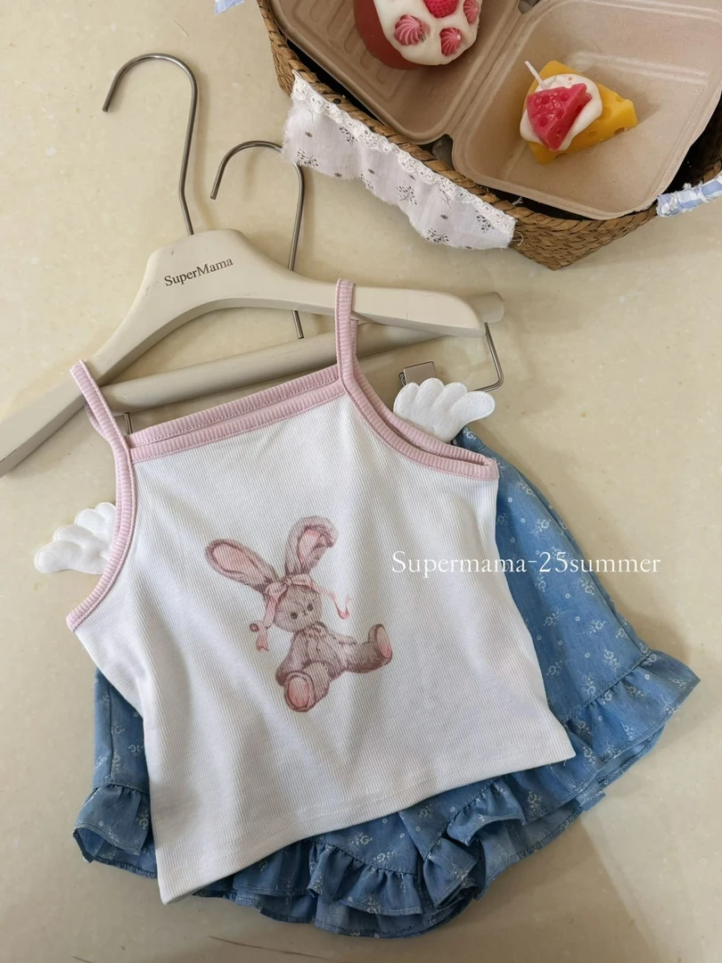 SuperMama 超妈-25夏女宝夏款小翅膀兔子吊带印花花边短裤