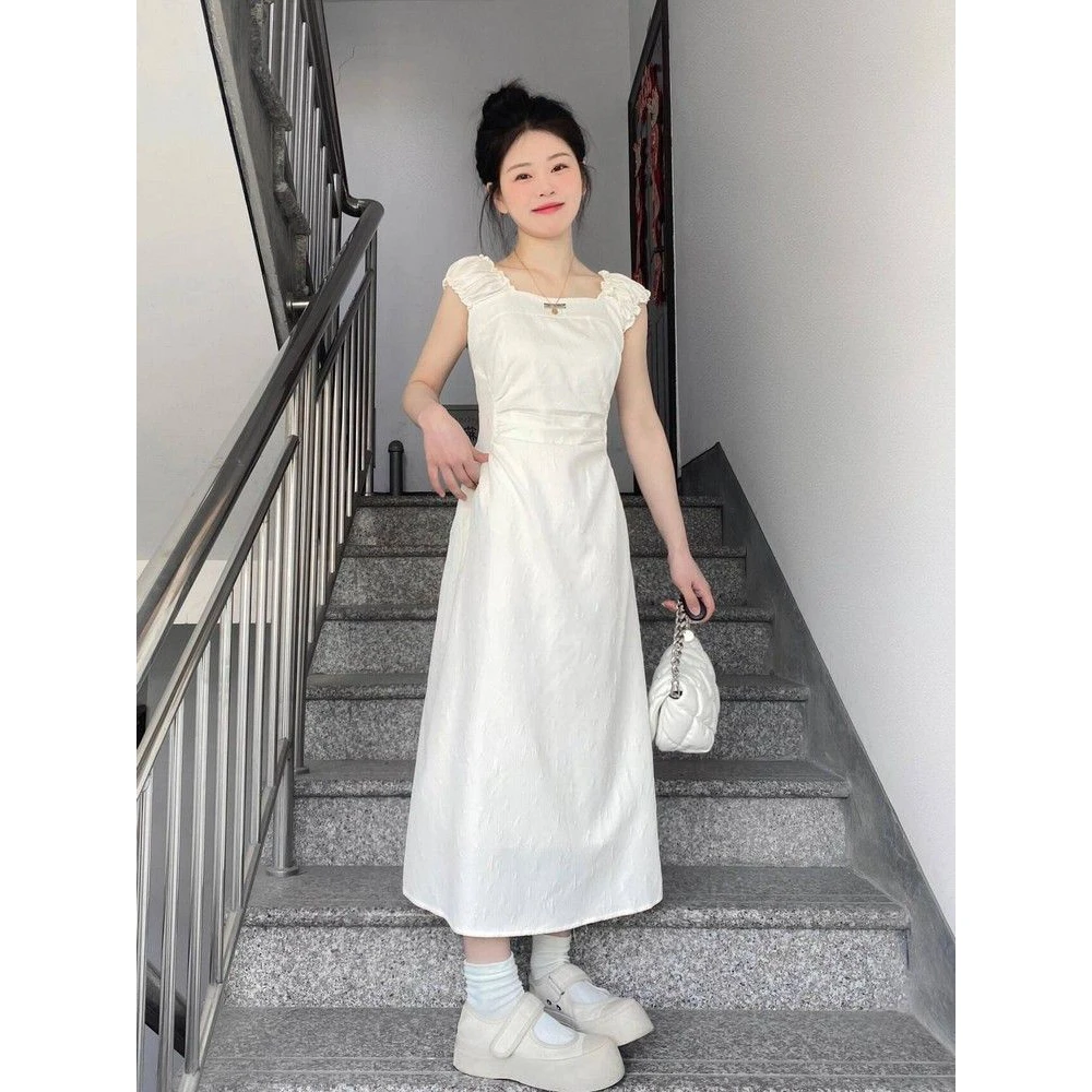 法式方领初恋茶歇连衣裙女夏季2025新款收腰气质高级感显瘦长裙子
