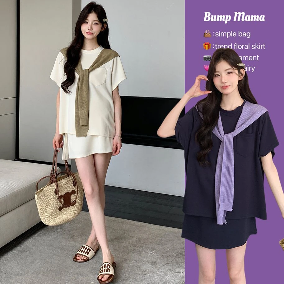 孕妇孕妇套装夏外穿新款减龄短袖T恤上衣+防走光裤裙小个子两件套