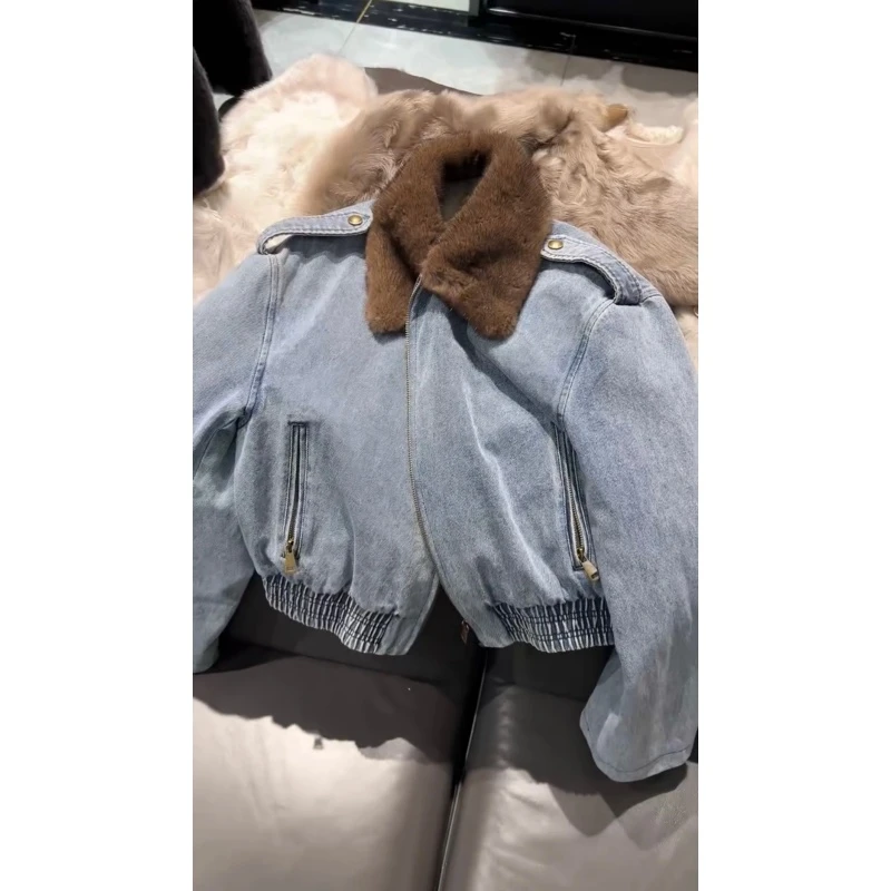 老钱风高级感时尚拼接保暖毛毛外套秋冬新款气质加厚百搭牛仔上衣