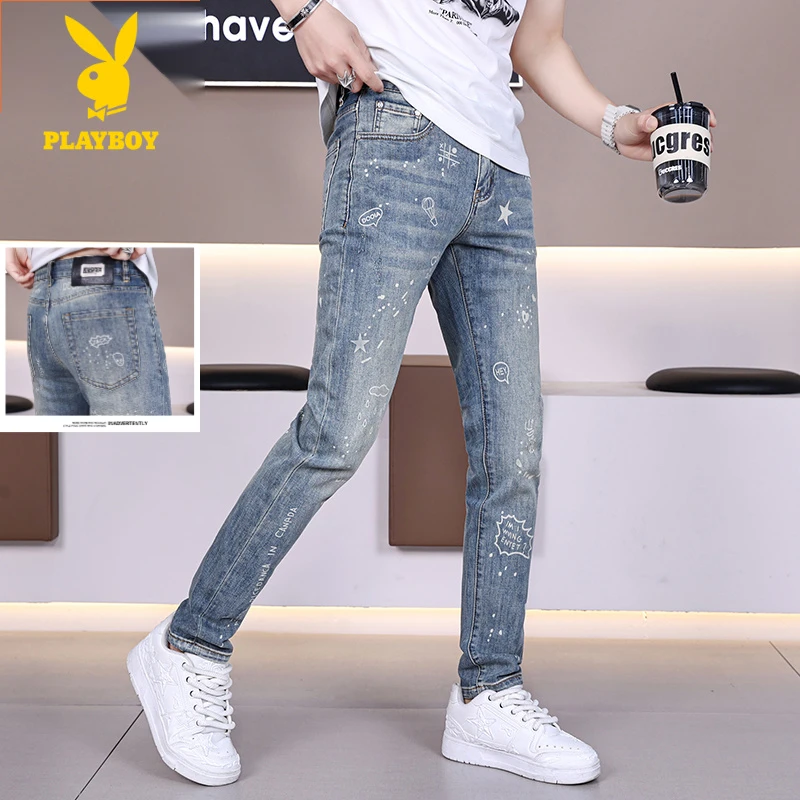 花花公子欧货春夏牛仔裤男潮修身小脚裤蓝色裤子破洞百搭休闲男士