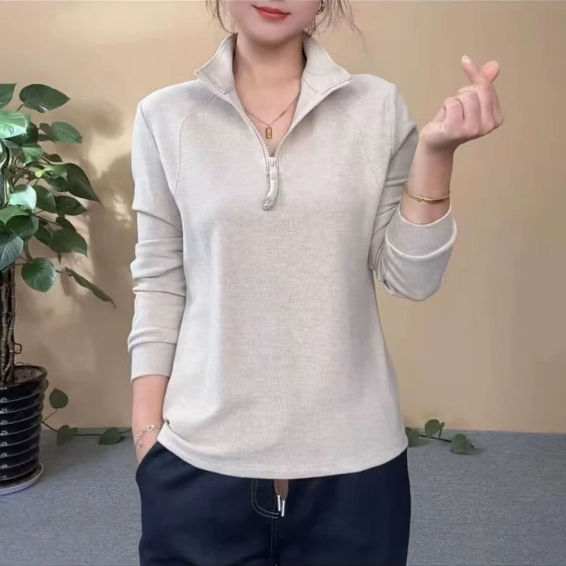 半拉链立领卫衣女纯色打底衫中年妈妈宽松休闲上衣