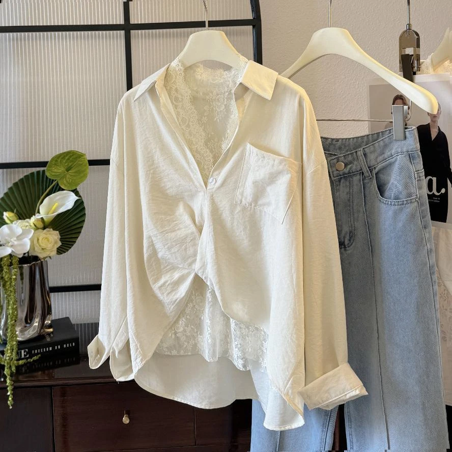 2025新款春秋时尚气质翻领长袖+蕾丝背心两件套衬衫上衣女法式