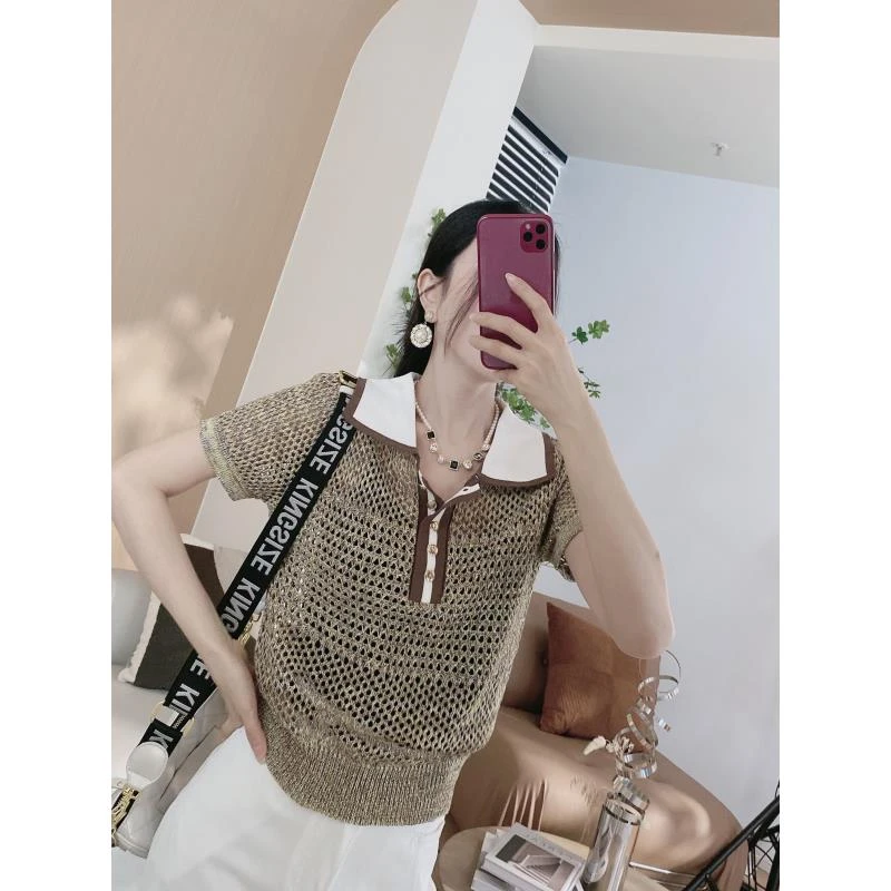 拼色领镂空针织衫3622