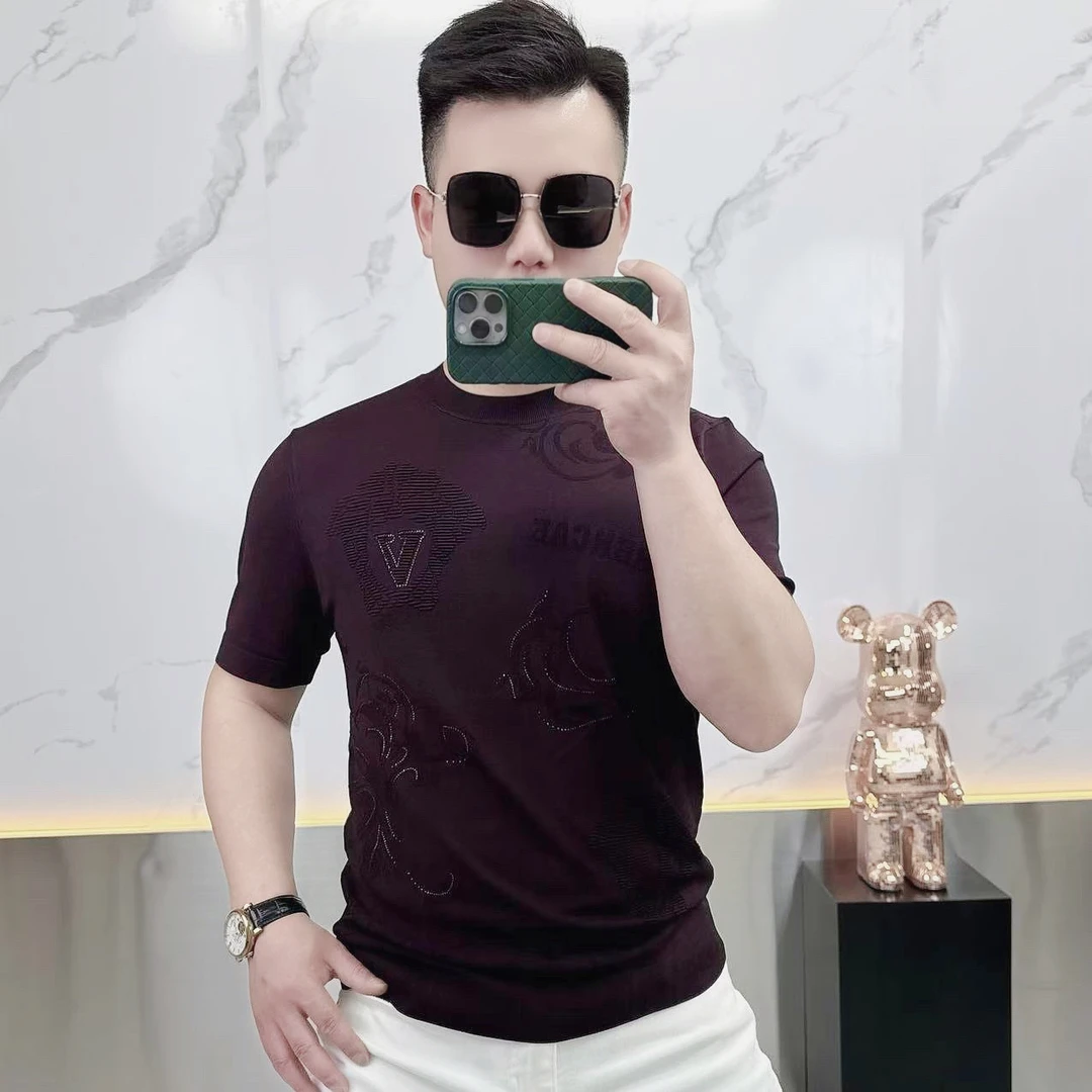 2025夏季新款欧货时尚提花烫钻帅气百搭薄款冰丝针织短袖T恤男