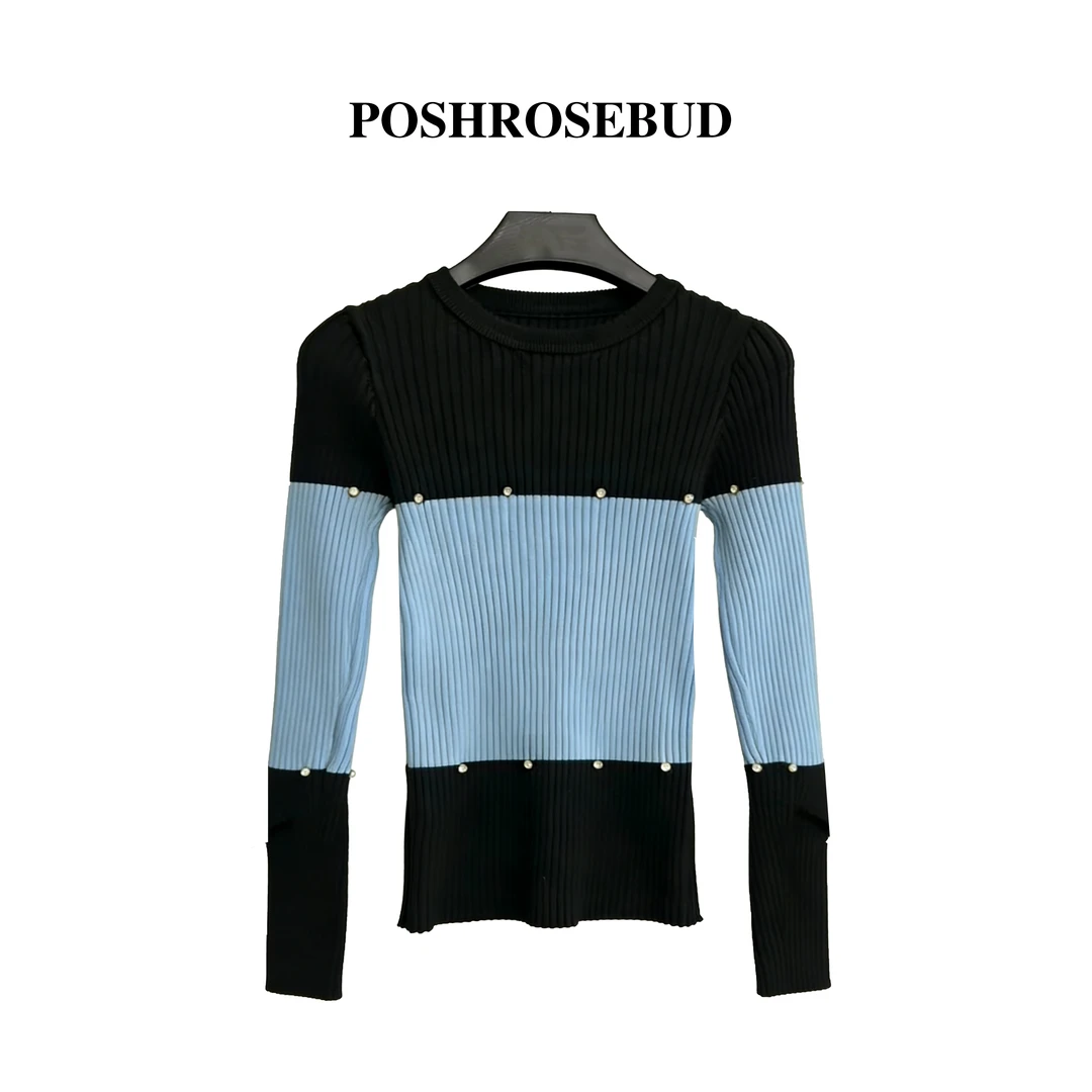 【POSHROSEBUD】S炫蓝相映撞色重工假两件显瘦打底上衣1804