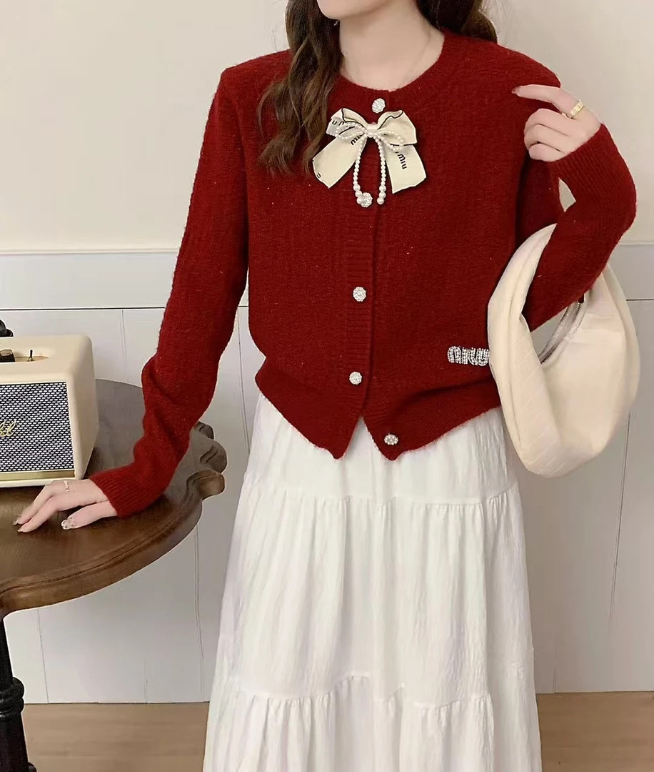 法式小香风蝴蝶结红色小个子冬季款高级感气质外穿针织衫甜美蕾丝