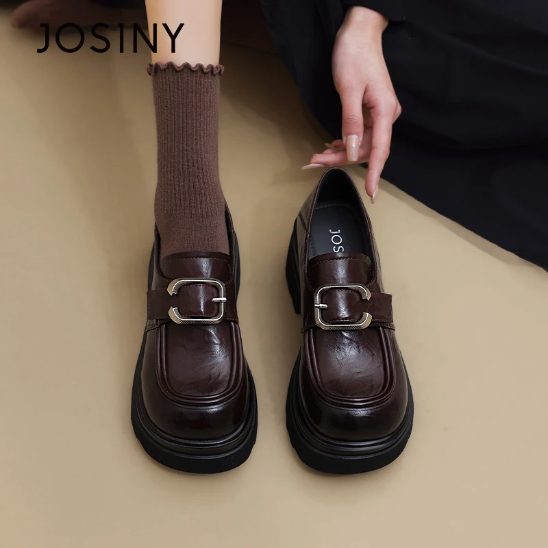 卓诗尼厚底粗跟时尚乐福鞋2025春新款超好看学院风增高百搭小皮鞋