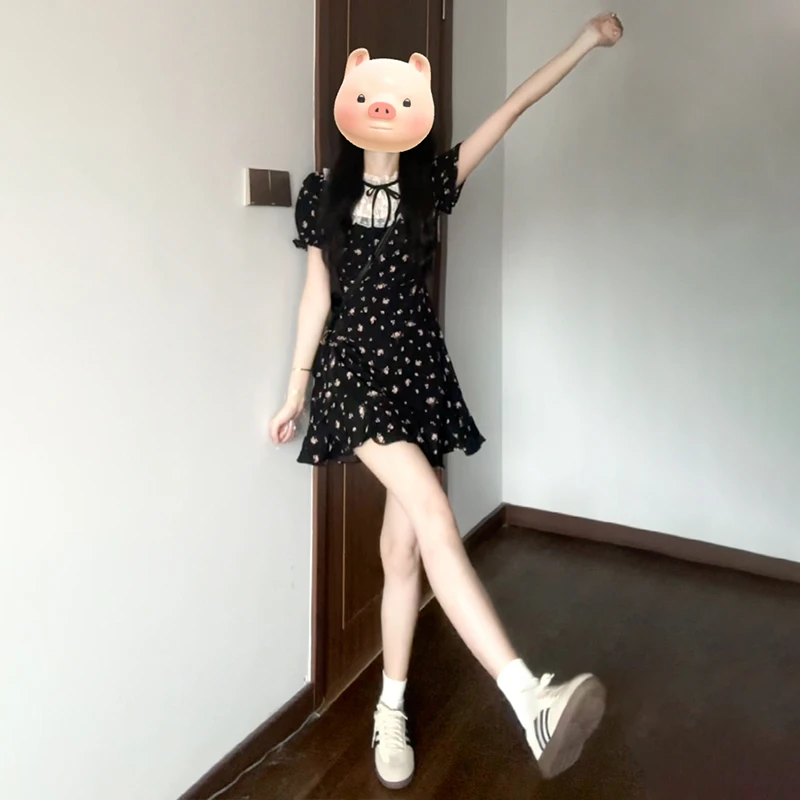 3753法式碎花蕾丝拼接连衣裙女2024夏季高级感小个子气质显瘦裙子