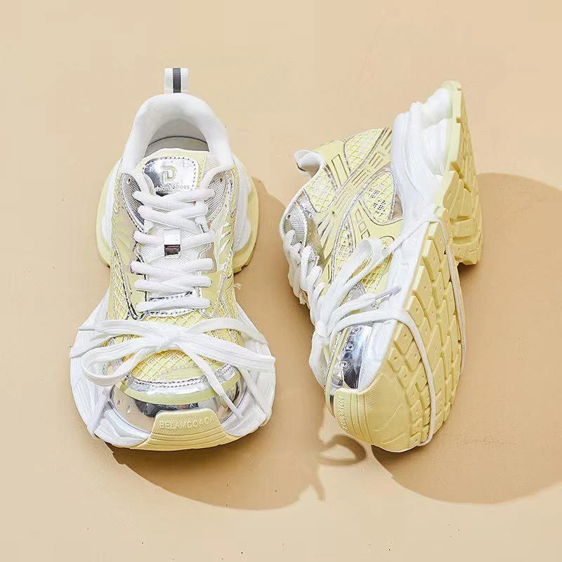 2025秋季新款双鞋带老爹鞋女网面透气增高炸街黄色厚底休闲运动鞋