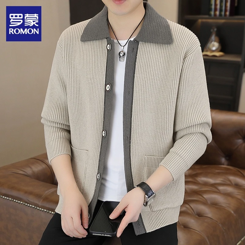 罗蒙开衫毛衣男士2025秋季新款潮流翻领线衣宽松休闲针织外套男装