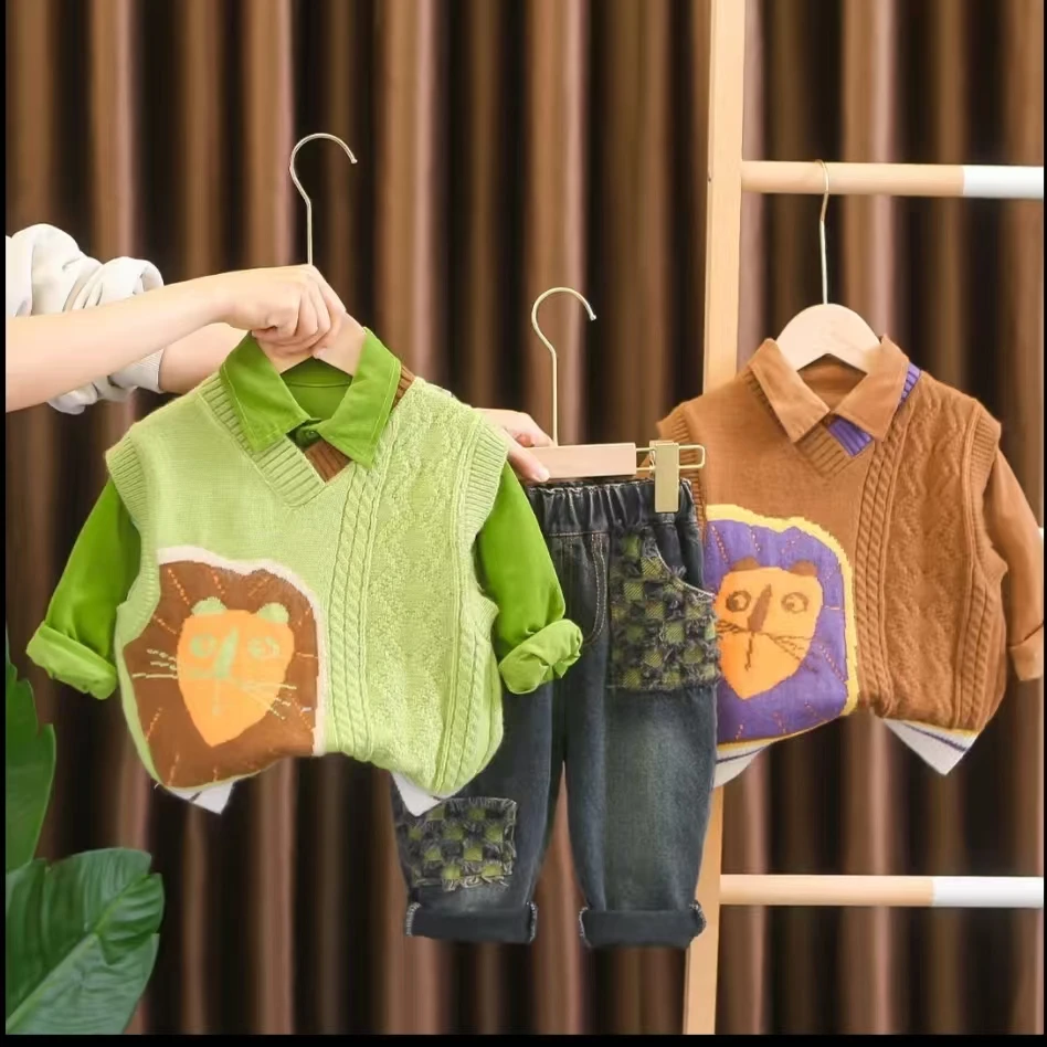 2025春装套装宝宝洋气毛衣马甲儿童韩版休闲春秋季三件套潮