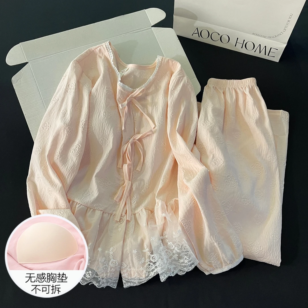 睡衣女春秋夏季长袖大码带胸垫2025新款网红风舒适粉色家居服套装