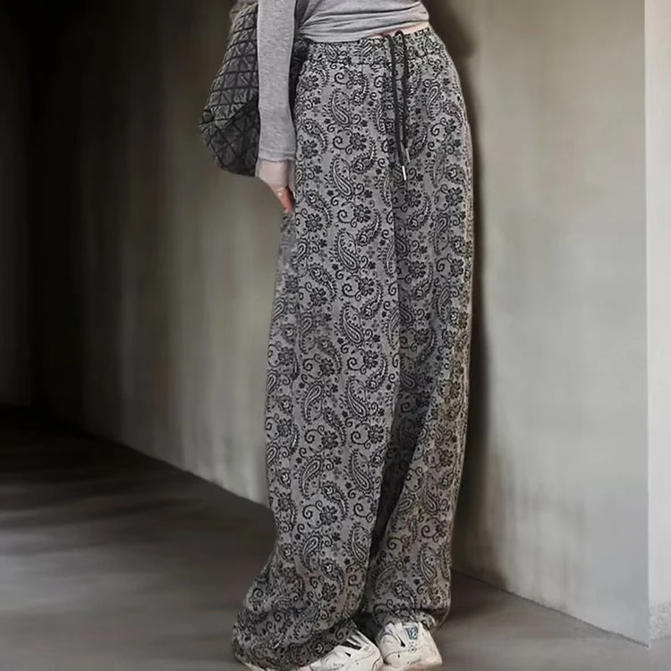 2025新款休闲高腰夏季阔腿裤气质腰果花复古印花长款女裤妈妈装薄