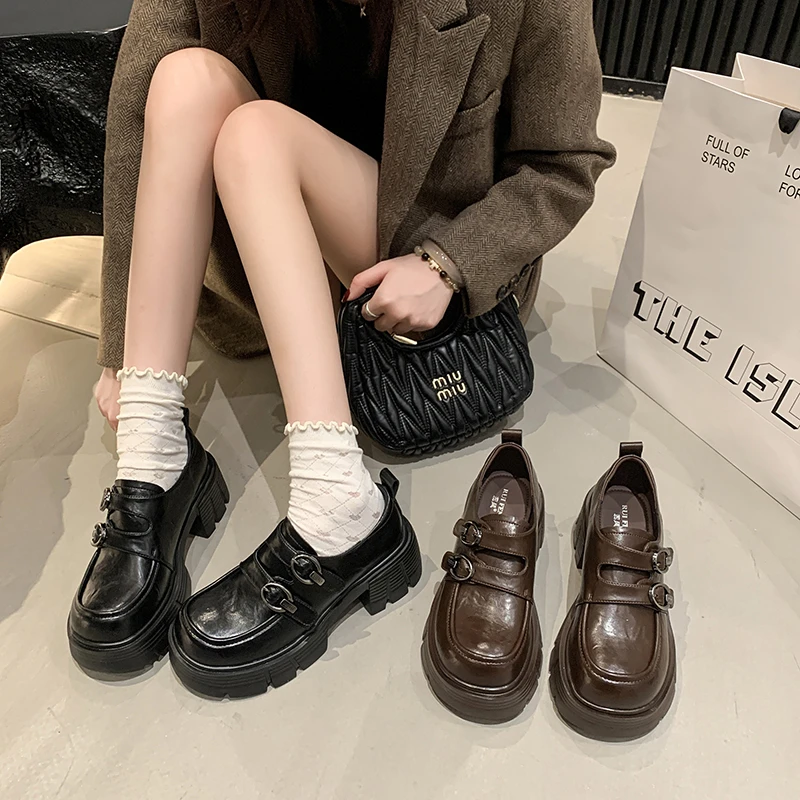英伦风厚底增高乐福鞋女秋季新款一脚蹬皮鞋单鞋粗跟JK小个子女款